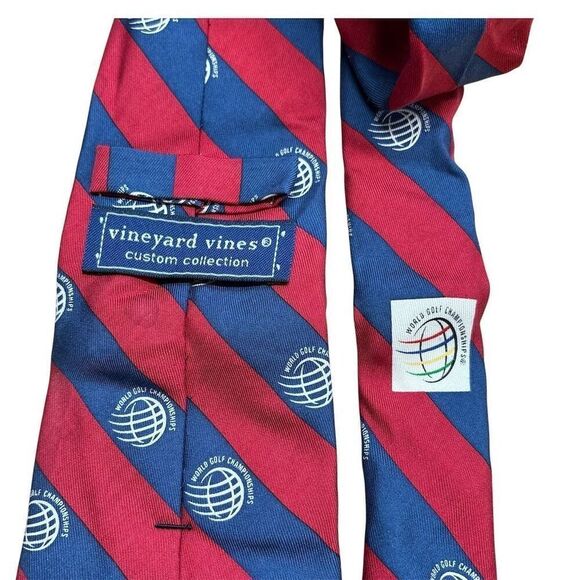 Vineyard Vines Men's Silk Tie Red Blue Stripe World Golf Championships - Picture 3 of 3